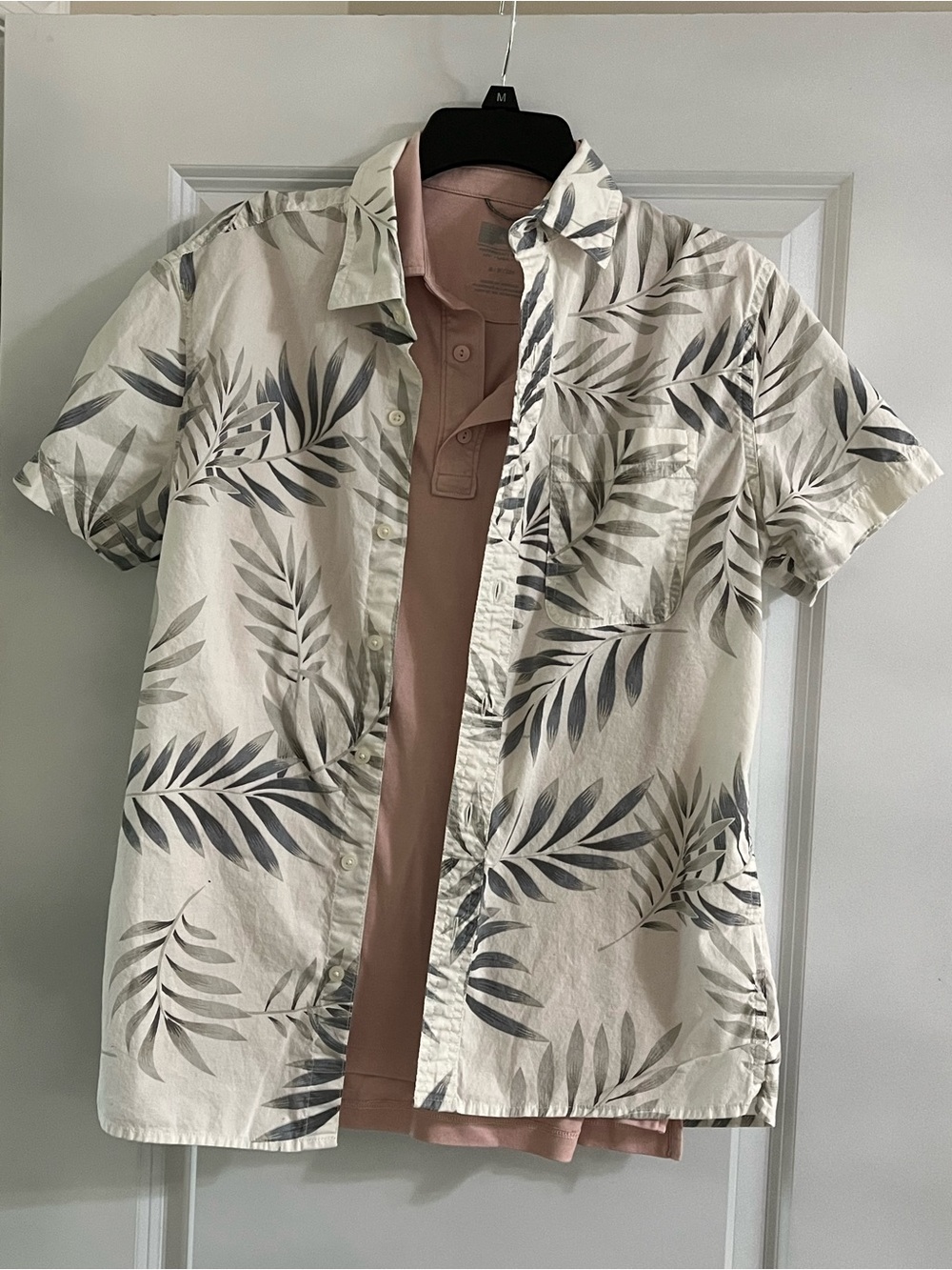 American Eagle Outfitters Cream Short-Sleeve Tropical Print Shirt with Pink Polo